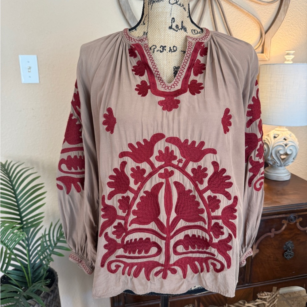 Layerz Clothing Boho Embroidered Red and Tan Women's Blouse